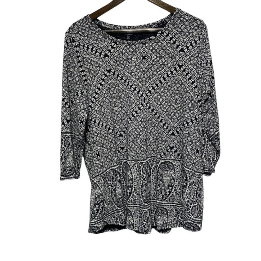 Lucky Brand TShirt Womens 1X Plus Black 3/4 Sleeve Boho Tunic‎ Lightweight Modal